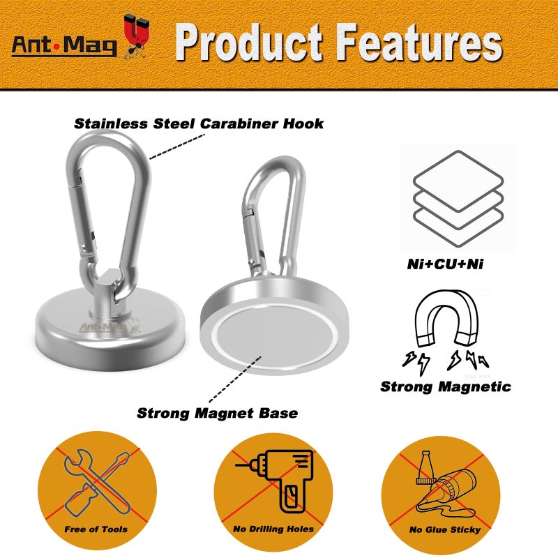 Ant Mag - Carabiner Magnetic Hooks 80LBS MAX Heavy Duty Neodymium Magnet Swivel Snap Hook for Hanging Indoor/Outdoor Grill Kitchen Cabinet Office 2 Pack - Image 4
